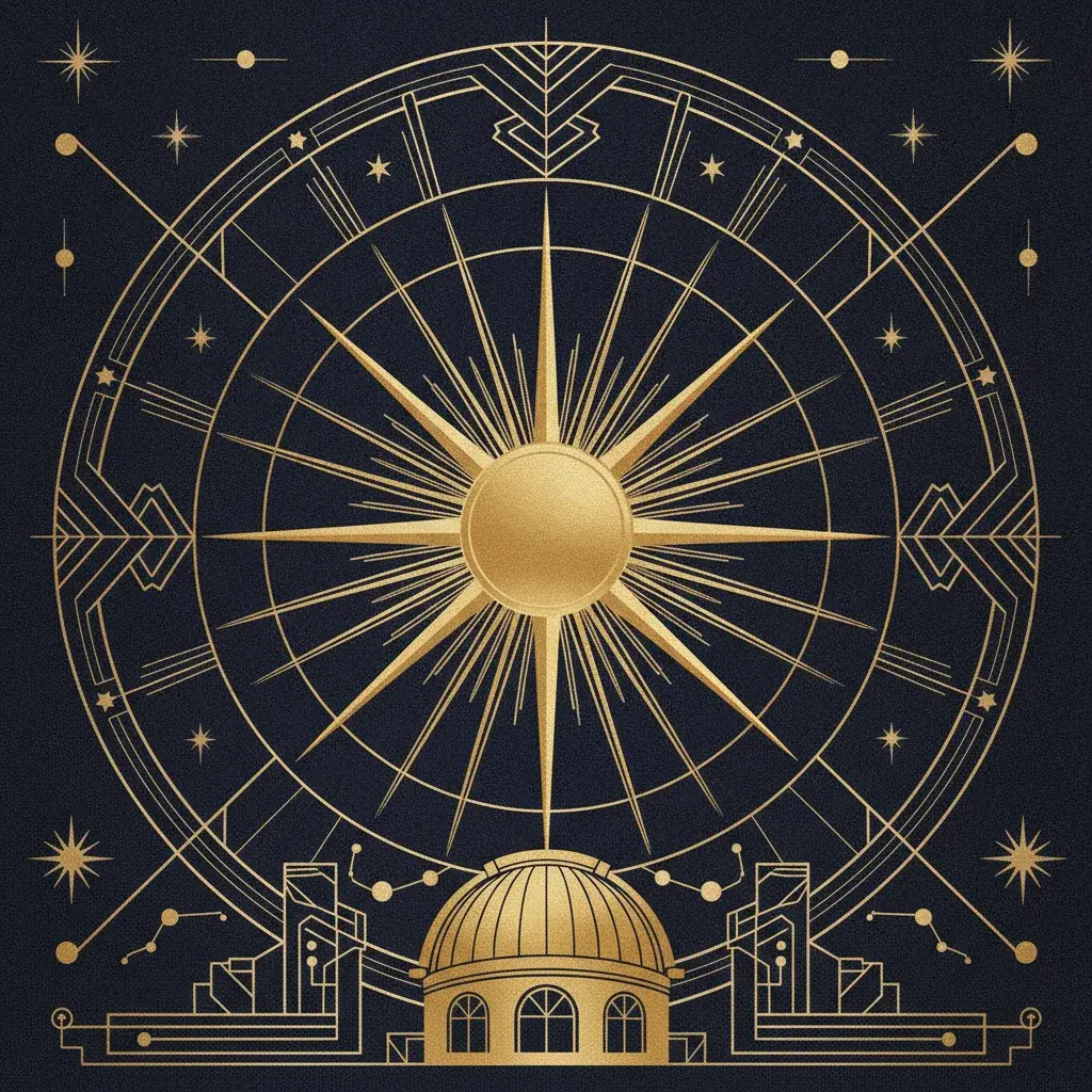 Art deco celestial observatory crowned by a radiant golden sun
